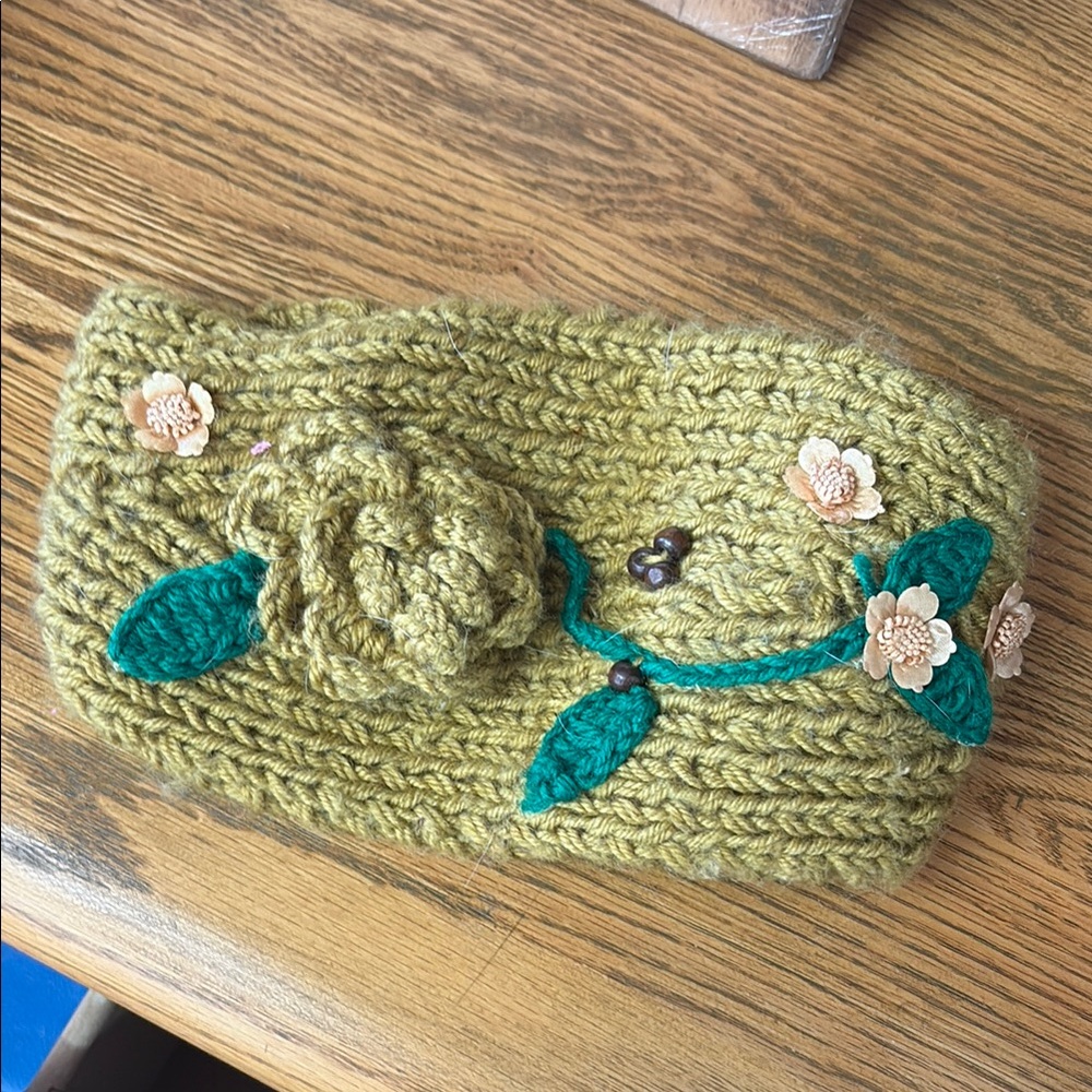 Handmade Green Knit Headband with Floral Embroidery